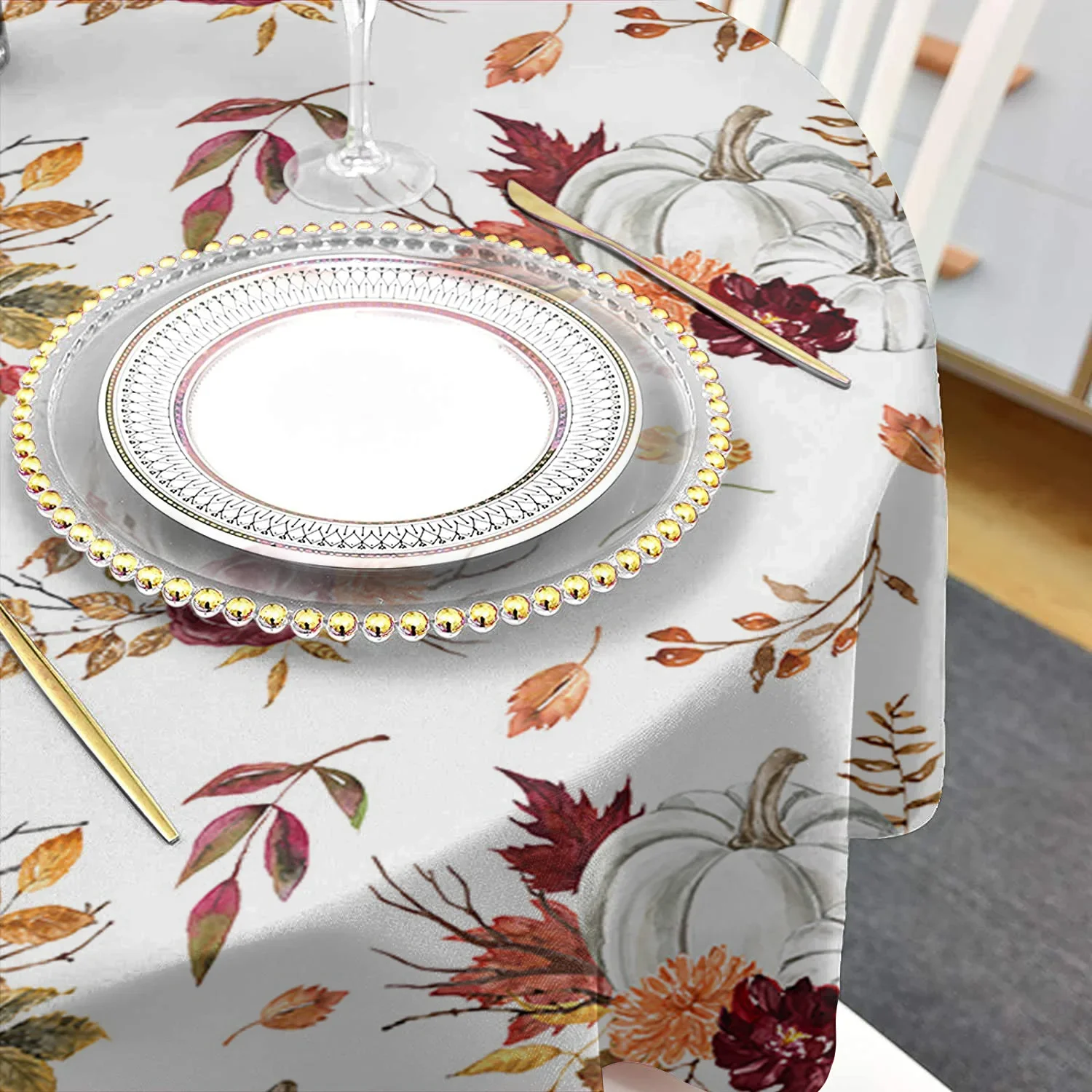 Thanksgiving Fall Pumpkin Maple Leaf Round Waterproof Tablecloth Decorative Table Cover Home Party Dining Room Table Cloth