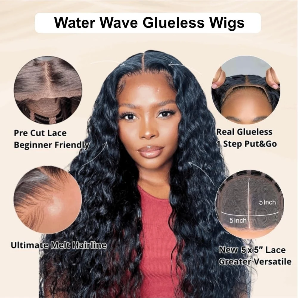 شعر مستعار بدون صمغ موجة المياه 5x5 قبل قطع HD الدانتيل إغلاق الباروكات شعر الإنسان ارتداء والذهاب قبل قطعها للمبتدئين موجة عميقة شعر مستعار الدانتيل #5