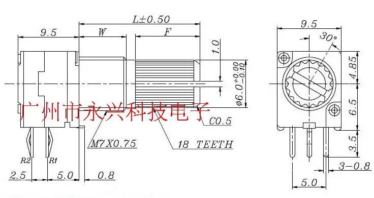 5PCS 6 Pin 097 Duplex Potentiometer Audio Power Amplifier Sealed Potentiometer B5K Spline Plastic Handle 10mm