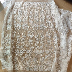 130CM Wide Embroidery Sequins Lace Fabric Ivory Color Wedding Bridal Wear Gowns DIY Sewing Materials 2024