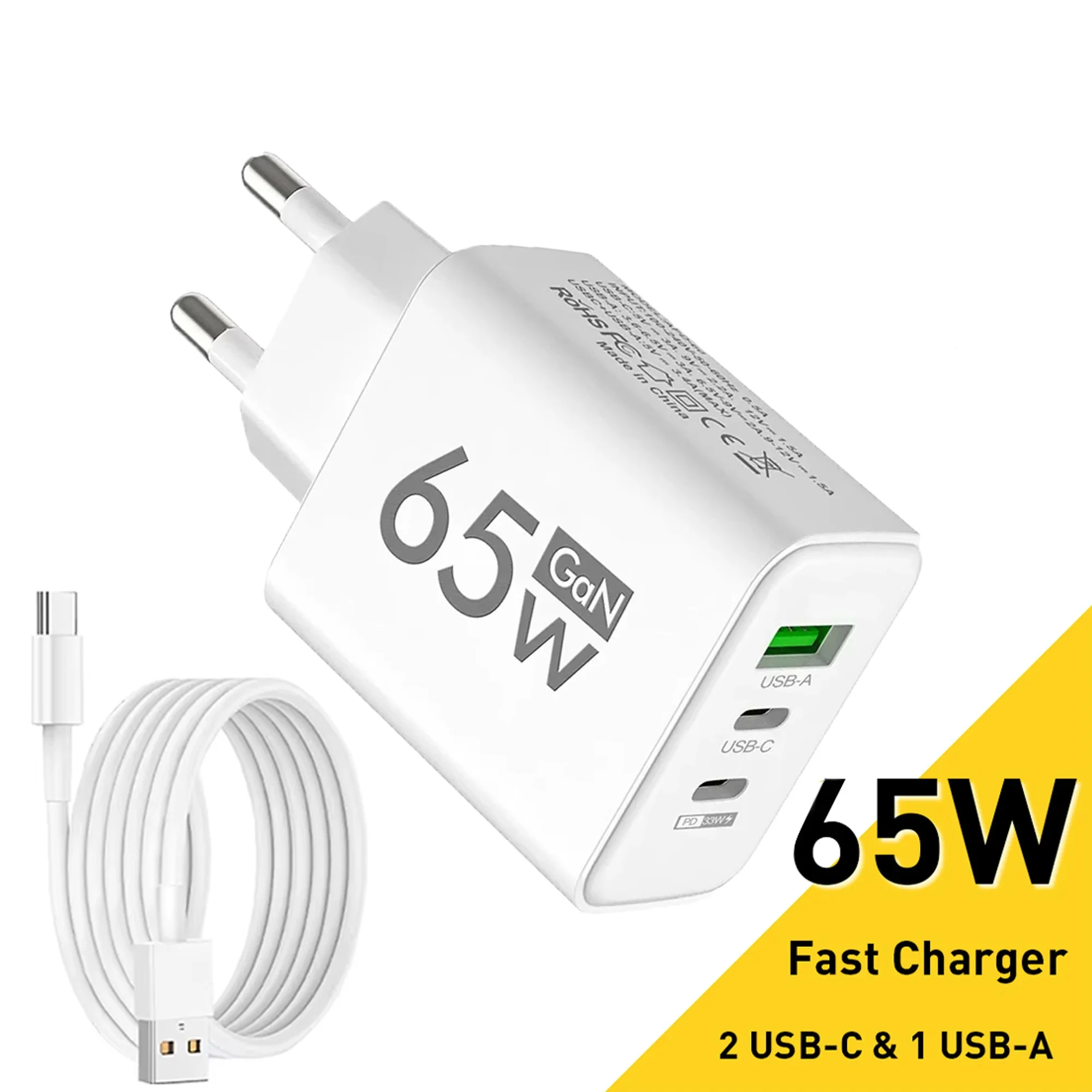 

65W GaN USB C Charger 10A Fast Charging USB To Type C Data Cable For iPhone 16 Xiaomi Samsung Huawei Tablet Quick Charge Adapter