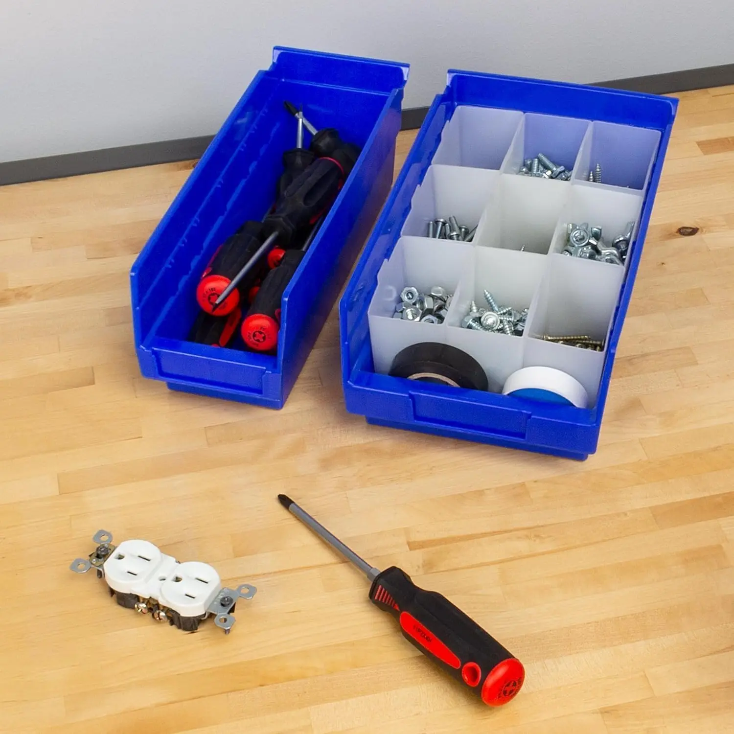 Caixas de Prateleira de Plástico Reforçado, 12x4x4 Polegadas, Azul, Pacote com 24 para Armazenamento em Garagem e Closet