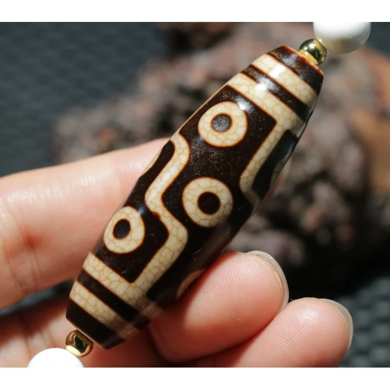 Energy Tibetan Old Agate Fold Line 9 Eye King Master dZi Bead Large Drum Pendant