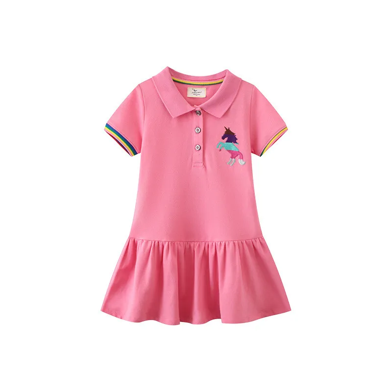 Jumping Meters 2-7T New Arrival Unicorn Embroidery Princess Collar Dresses For Summer Short Sleeve Hot Selling Baby Costume Tops