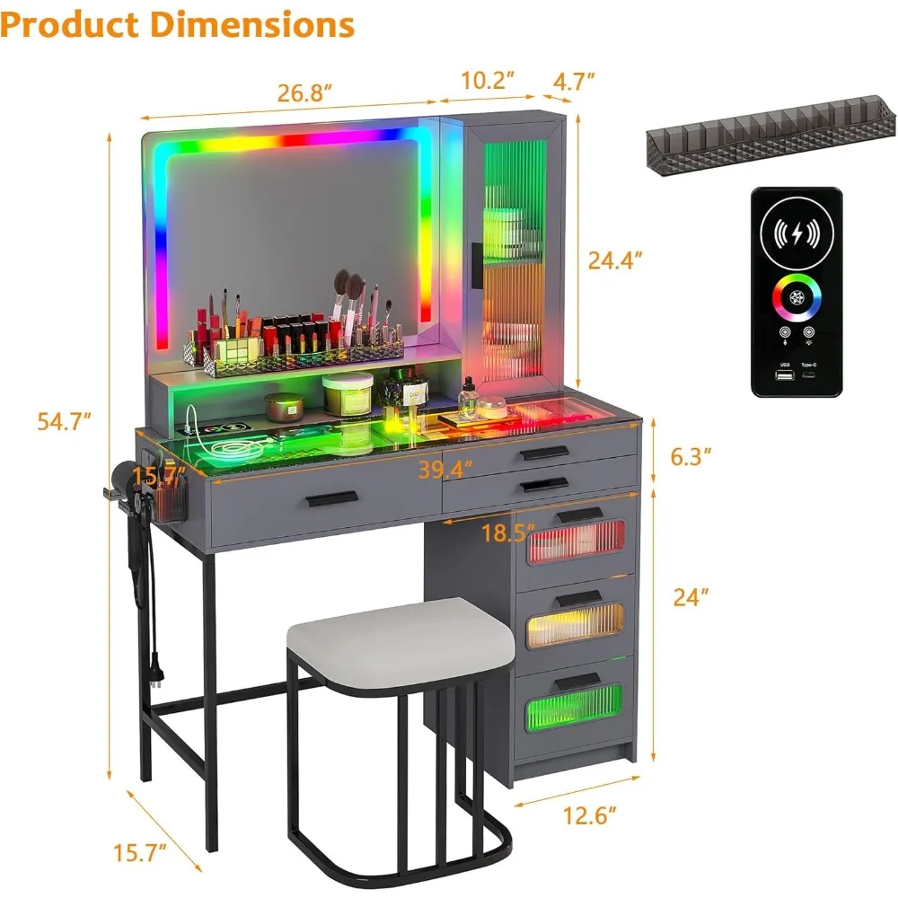 Dressing table with automatic sensor RGB light and wireless/USB/C-type charging glass top dressing table,with chairs and6drawers