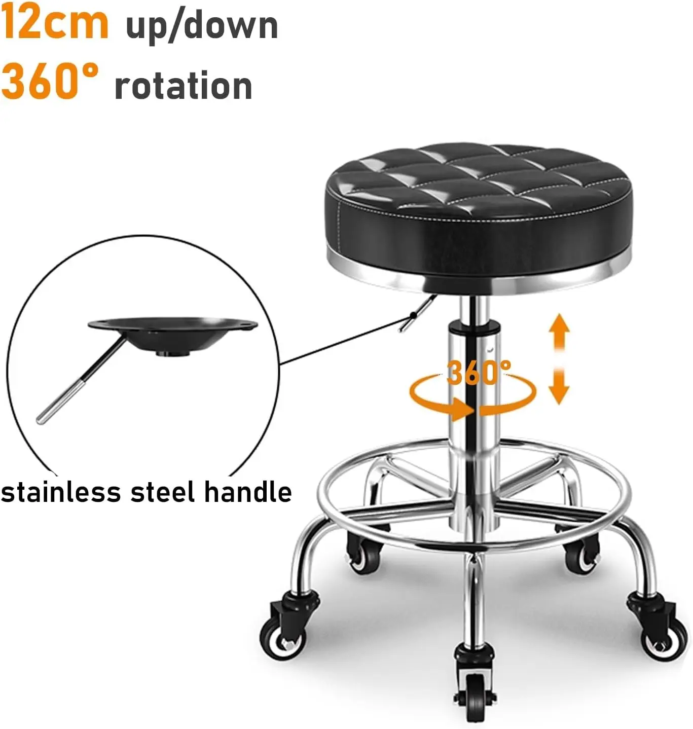 Rolling Stool with Wheels Adjustable Swivel Stool with Stable Chrome Base Faux Leather Cushion For Office,Salon, Spa,Home