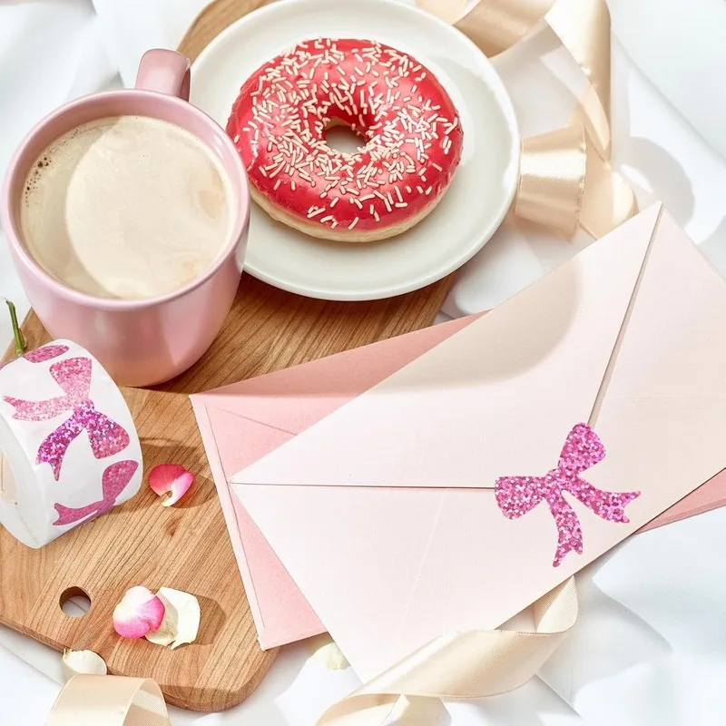 500Pcs/roll Pink Glitter Bow Sticker Sparkly Ribbon Decal Self-Adhesive Label for Gift Wrapping Scrapbooking Party Favor Craft
