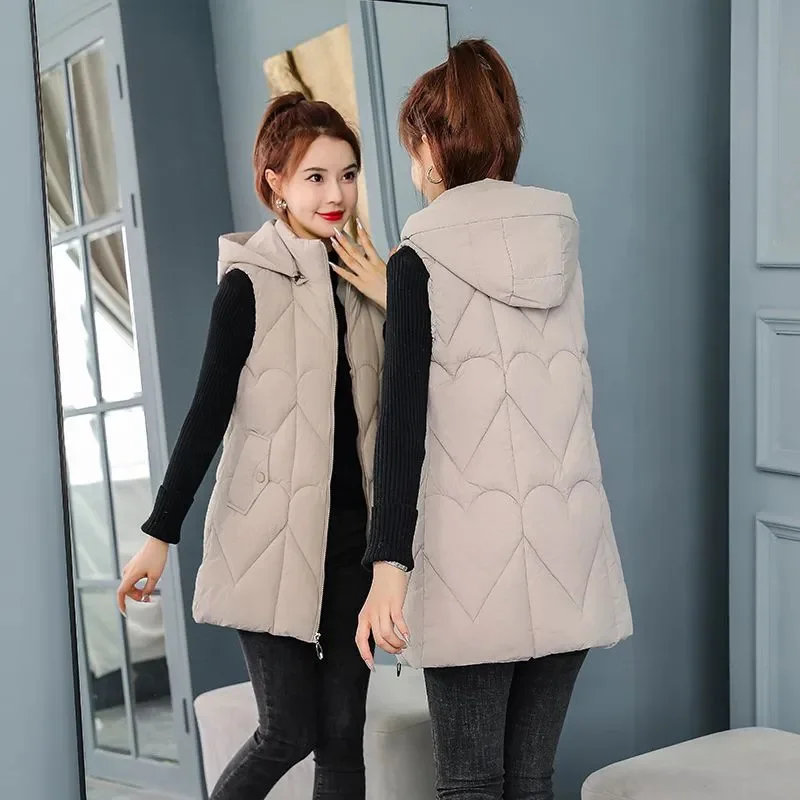 

2024 Autumn Winter Korean Hooded Down Cotton Vest Female Parkas Thicke Sleeveless Jacket Casual Zipper Outwear Female Waistcoats