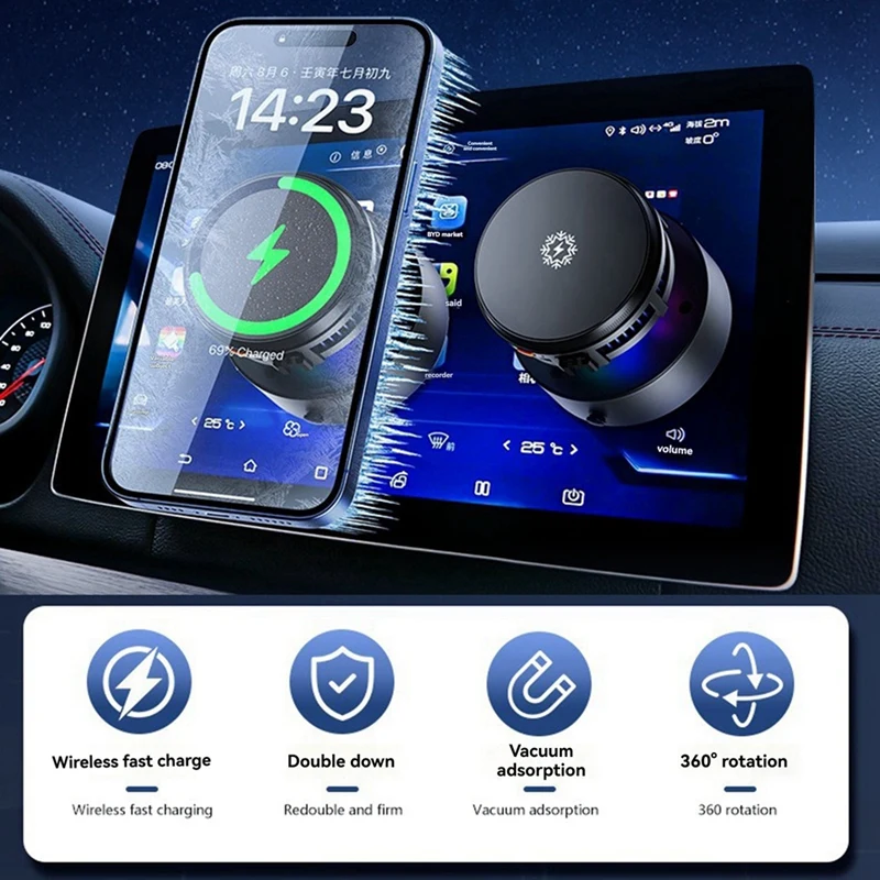 360 °   Вращающийся автомобильный держатель Vacum в автомобиле, беспроводное зарядное устройство 15 Вт, охлаждение для iPhone, Samsung, магнитная автомобильная подставка с GPS, держатель для телефона