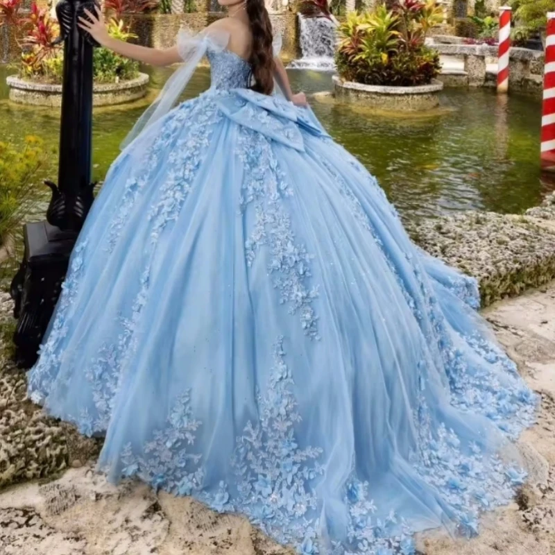 Maßgeschneidertes bezauberndes himmelblaues Ballkleid für 15-Jährige Quinceanera-Kleider 2025, Applikationen, süßes 16-Abschlussball-Anlass-Abend-Partykleid