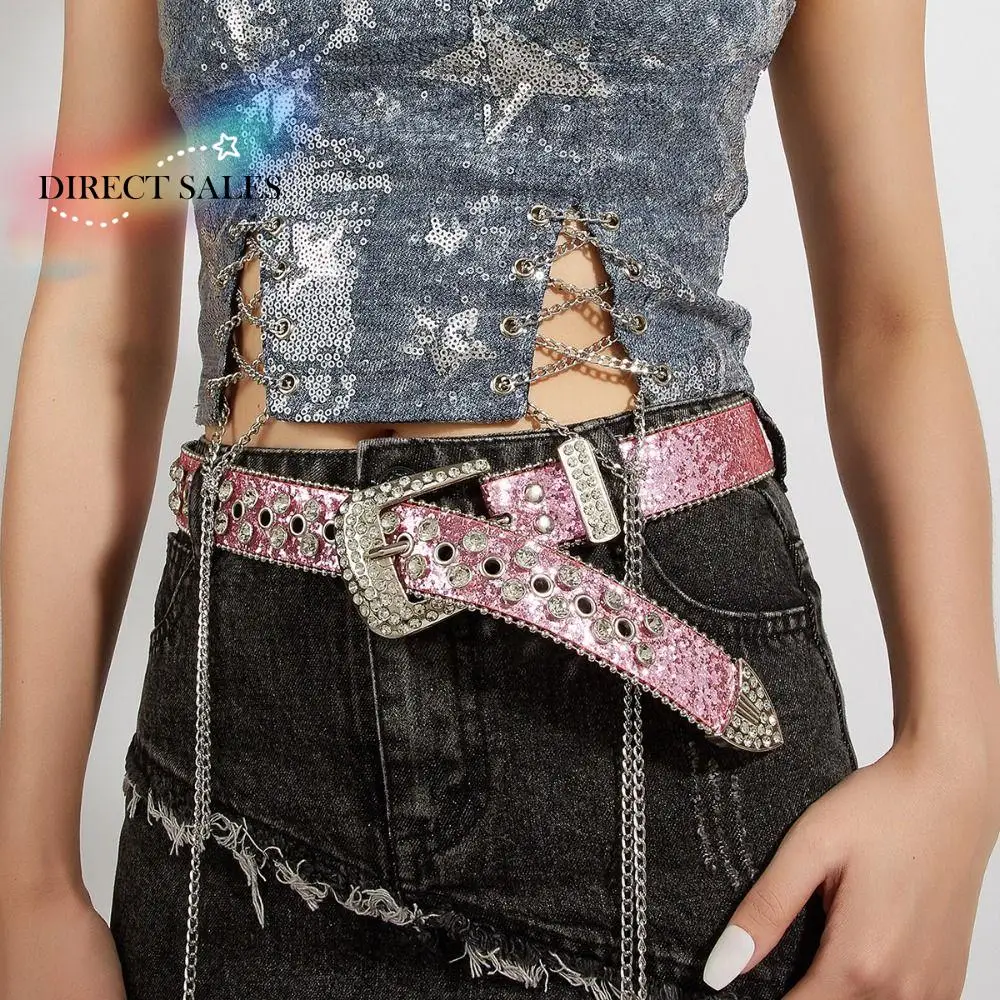 

Retro PU Leather Rhinestone Belts Alloy Y2K Blingbling Belt Silver Black Waistband Decorative Jeans