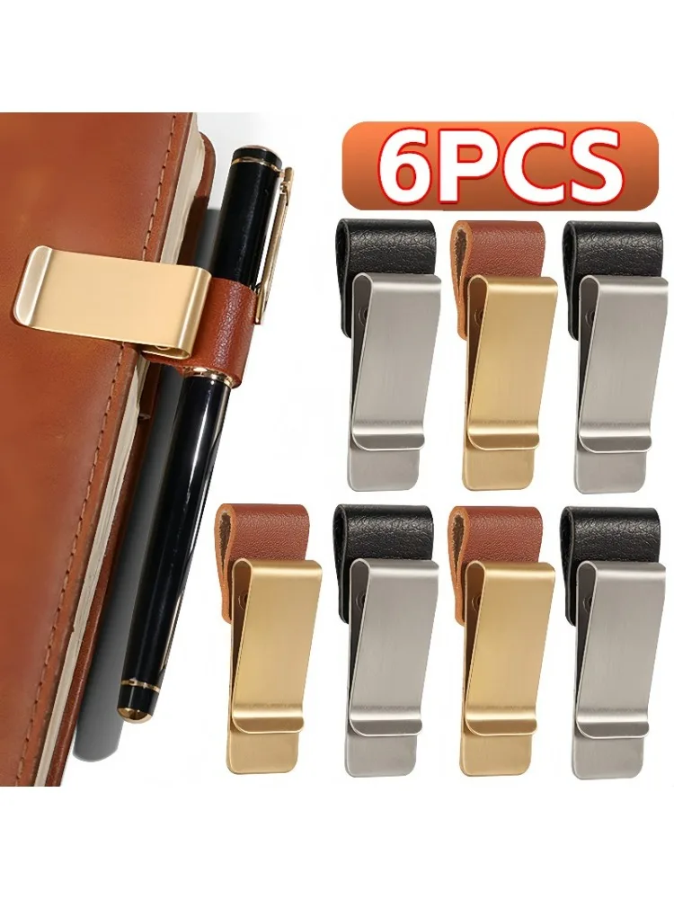 Porte-stylo en cuir et acier inoxydable, pinces à crayons, marque-page pour carnet de notes, organisateur pratique, porte-stylo, papeterie de bureau, 6 à 1 pièces