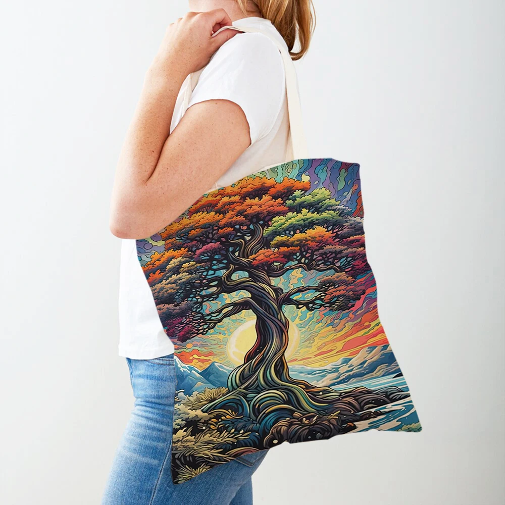 Canvas Cartoon Plant Shopper Bags Fantasy Trees Landscape Casual Women Shopping Bag Double Print Tote Girl Travel Handbag