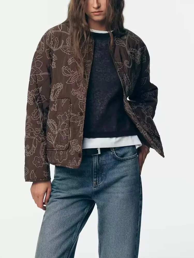 

European and American style 2025 autumn new women's fashion pocket decoration quilted embroidery coated jacket