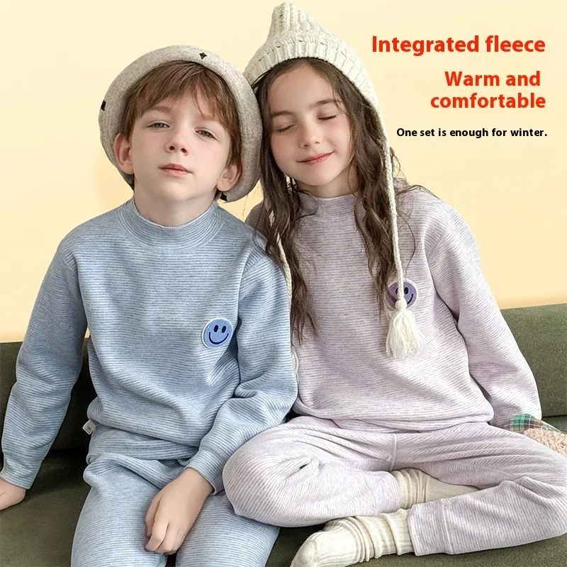 Pajamas Fleece Thick Kids Thermal Underwear Set A-Class Soft Warm Winter Base Layer Boys Girls Sleepwear Casual Teen Loungewear