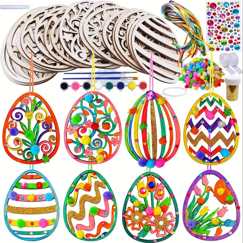 24Pcs Three-dimensional Wooden Easter Ornaments Decorations DIY Craft Kits Paintable Unfinished Easter Egg Ornaments For Kids