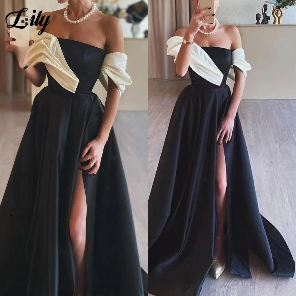 

Lily Black Elegant Evening Dresses Satin Off the Shoulder Prom Dresses with Asymmetric White Accent and High Split Customized