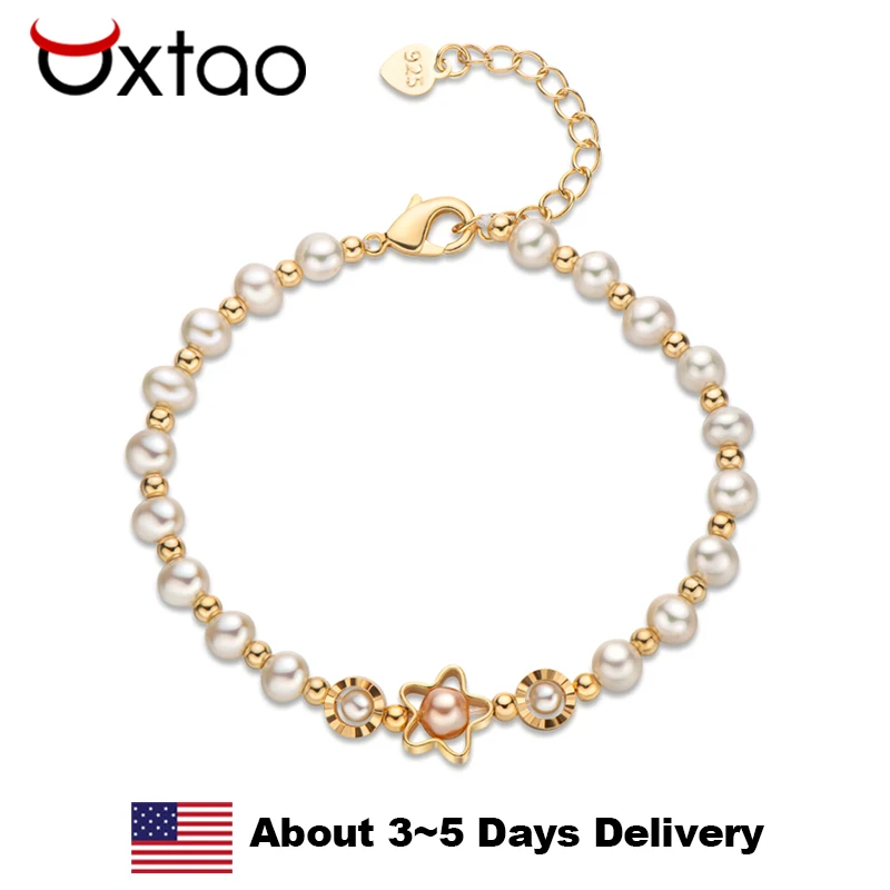 

Браслет OXTAO из натурального культивированного пресноводного жемчуга 4,5-6 мм для женщин, винтажное роскошное ювелирное изделие с позолотой 14K, браслет с подвесками в виде звезд
