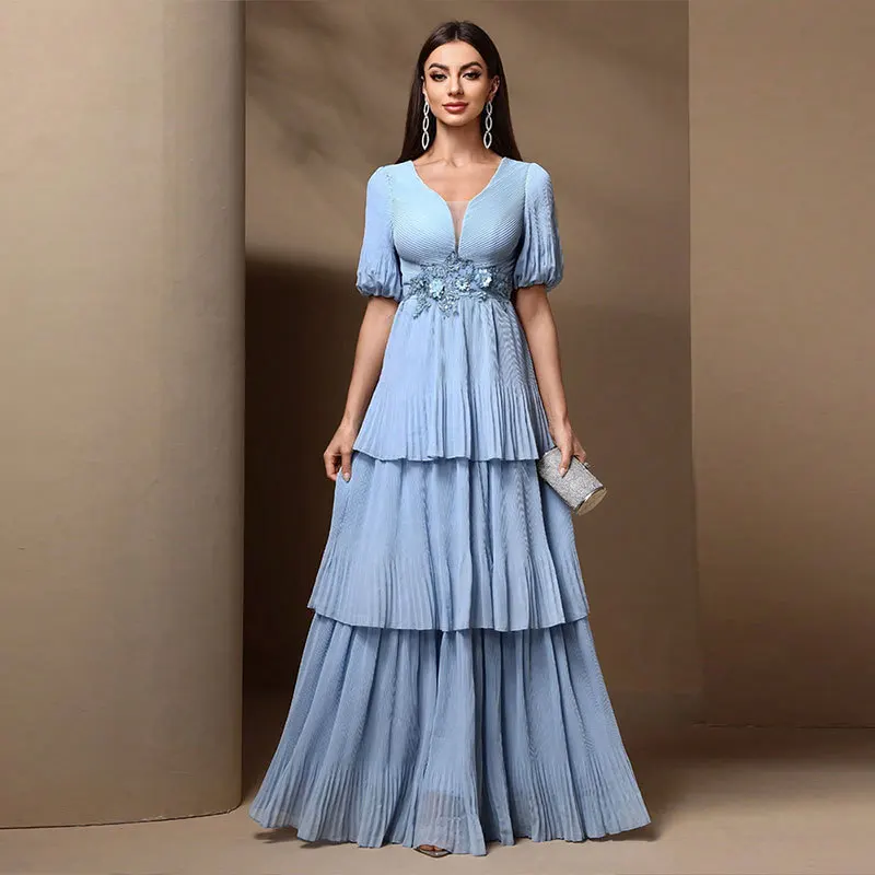 Fashion Pearl Chiffon Dress Women Pleated Short Sleeve Elegant Swing V-Neck High-Waisted Banquet Evening Dress Femme Vestidos