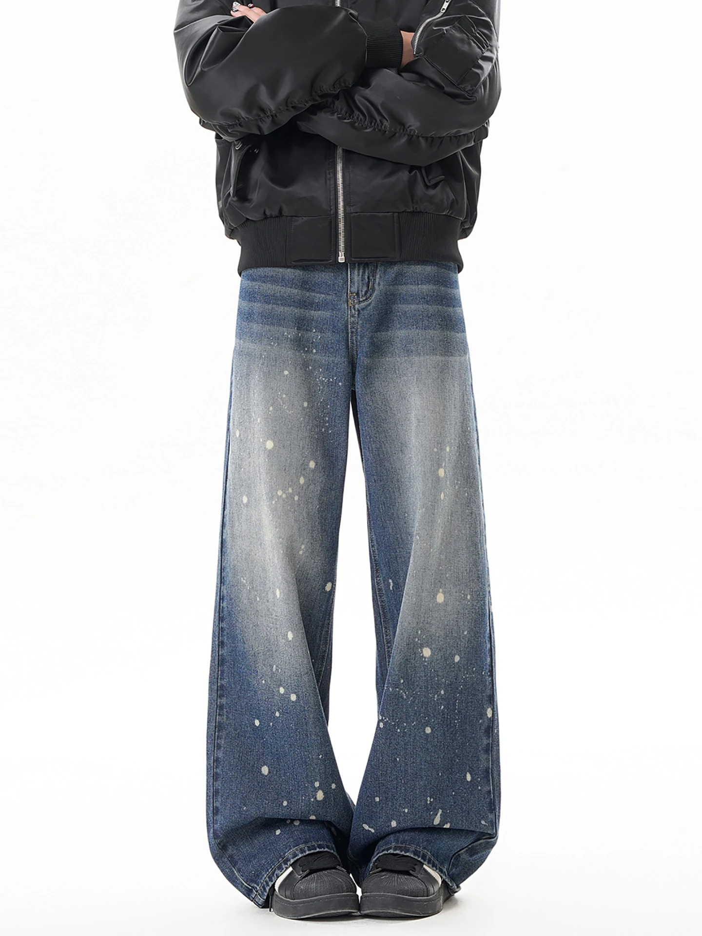 

Boyue American Retro Splaed Ink Denim Jeans Loose Waed High Waist Wide Leg Long Trousers for Men And Women