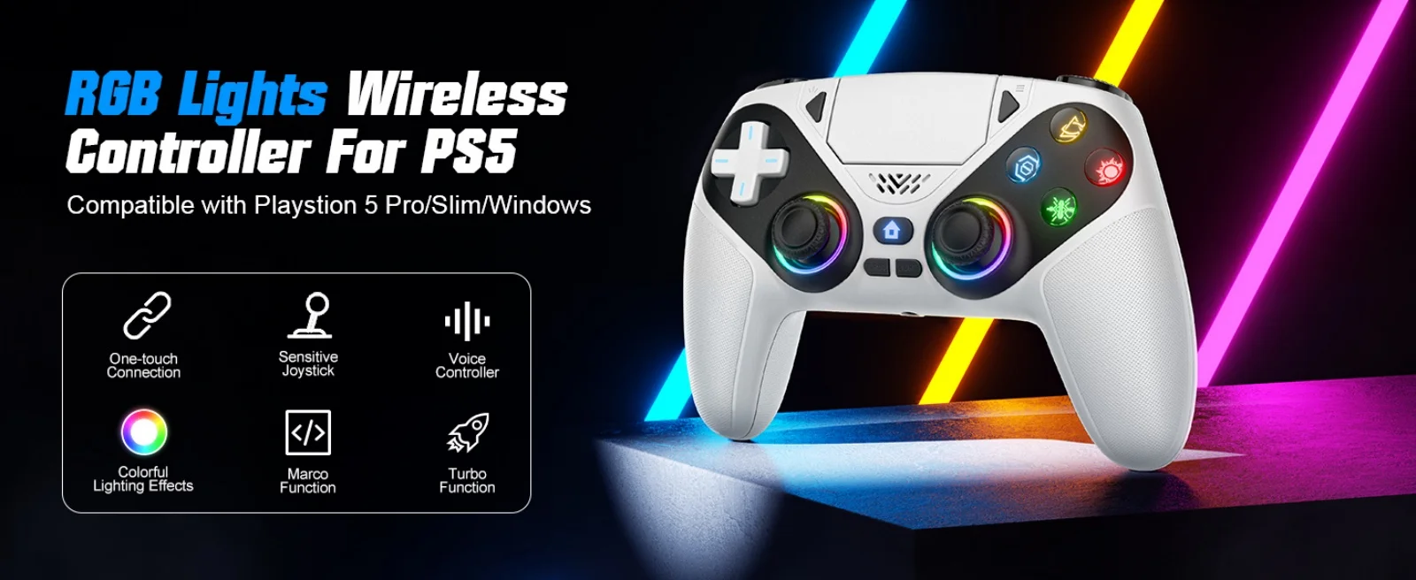 Für Playstation 5/PS5 Pro/Slim/PC RGB BT Kabelloser Controller mit Dual-Shock-Marko/Turbo-Programmfunktion, 3,5-mm-Audioanschluss, Gamepads – Detail 23