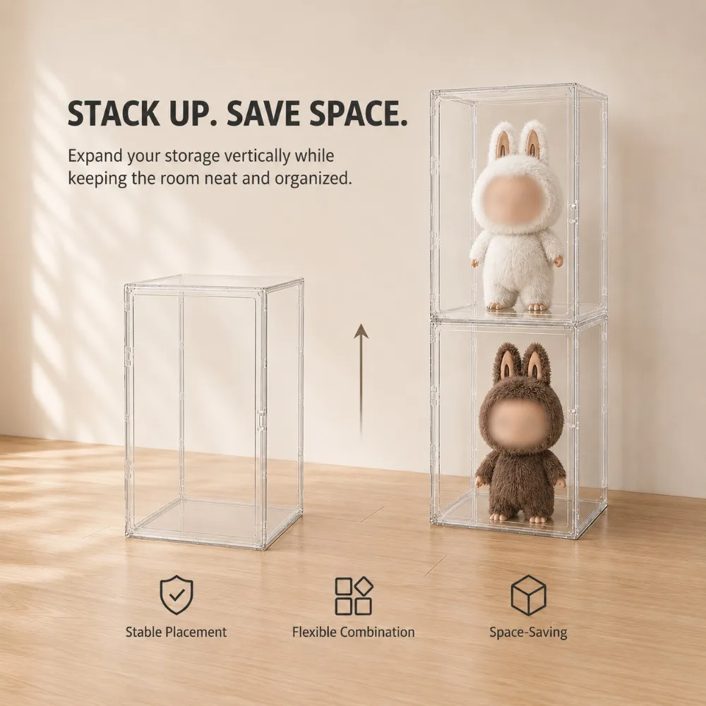 Large Clear Storage Box 60×35×30cm Stackable Display Organizer with Magnetic Front Door for Helmet Collectibles Shoes Books