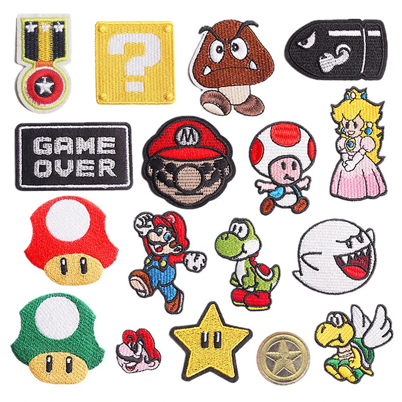 17 szt. Super Mario Bros naszywka Anime Yoshi księżniczka brzoskwiniowa haftowane naszywki dla dzieci ubrania jeansowe kurtki DIY dekoracja prezent