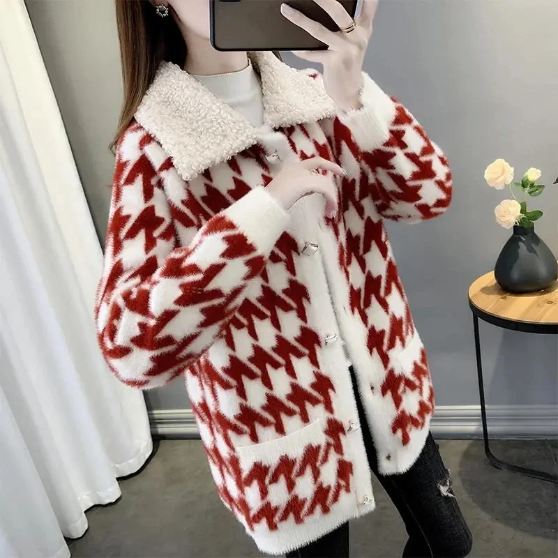 Imitation Mink Velvet Knitted Cardigan Sweater Women's Outwear Autumn Winter New Loose Houndstooth Stitching Lamb Wool Coat Tops