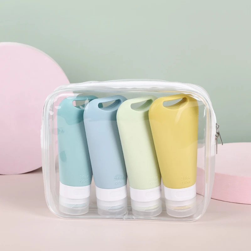 90ml 1/3/4PCS Travelling Dispenser Bottle Set Portable Empty Lotion Bottle Leak-proof Silicone Hose Wash Jar Cosmetic Container