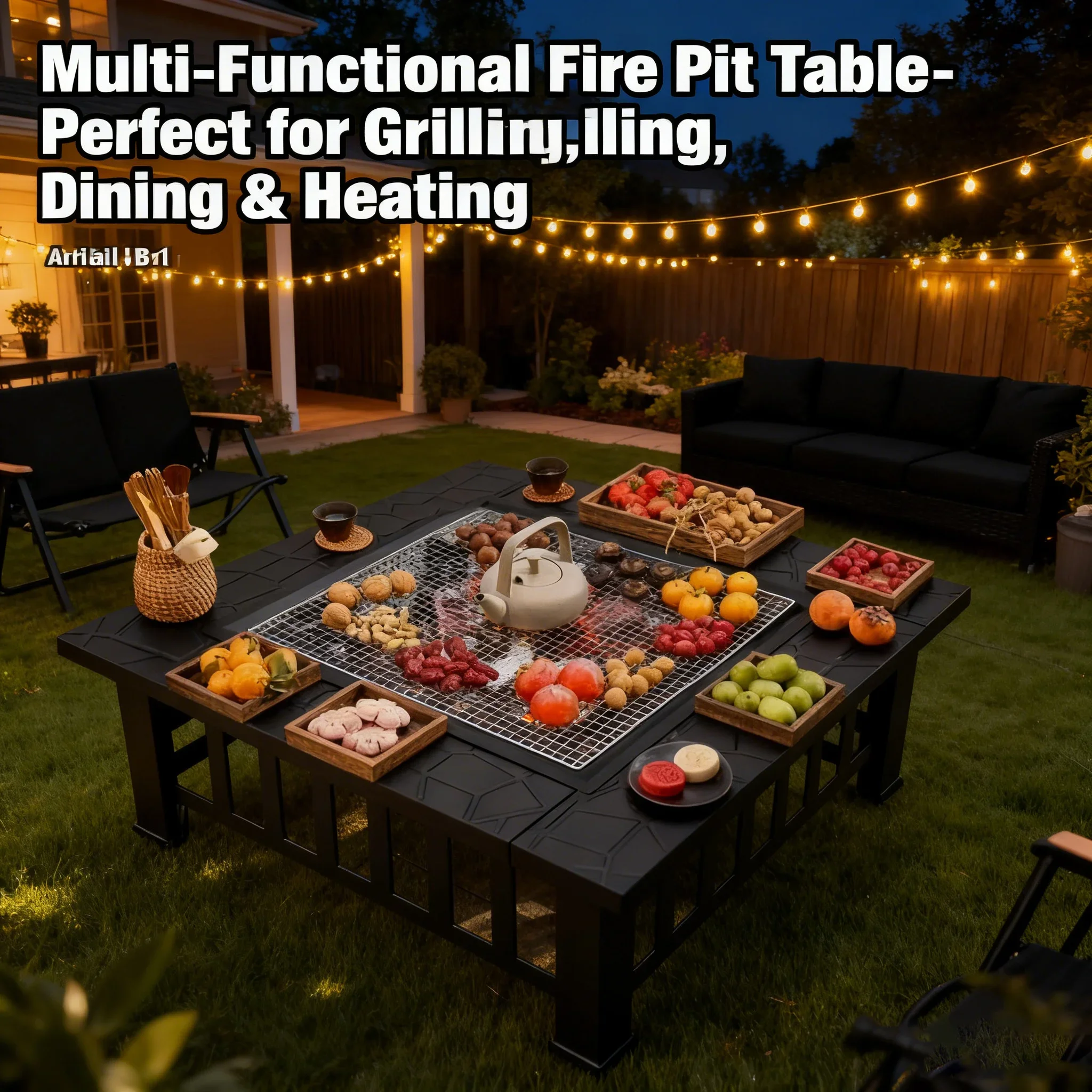 Outdoor Stove Complete Set for Tea Brewing And Barbecue Grill - Heating Table with Barbecue Rack for Courtyard Grill