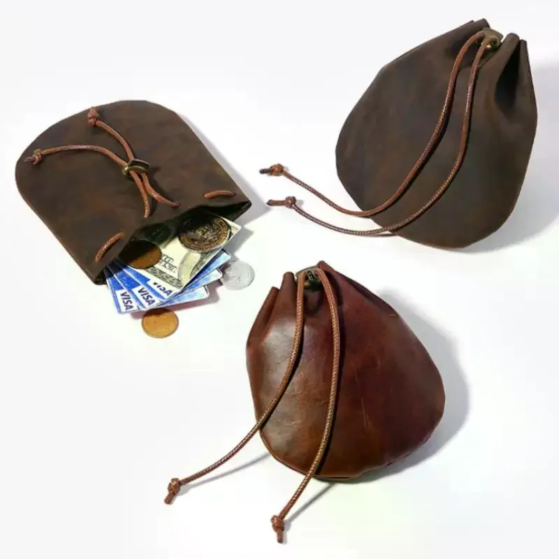Genuine Oil Wax Crazy Horse Leather Drawstring Pouch Vintage Scratch Resistant Small Coin Holder for Commute Travel