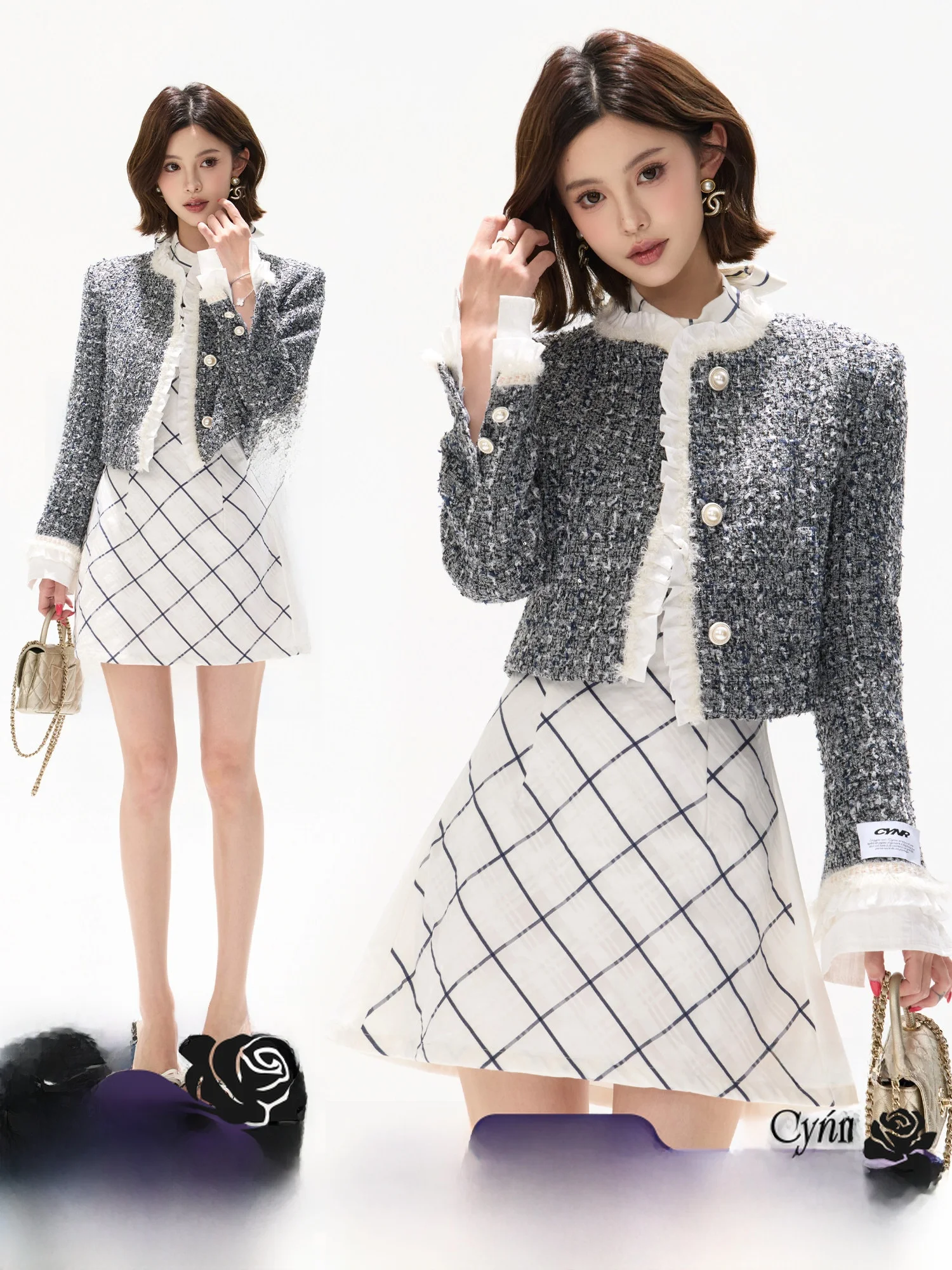 

CYNR Original Design Blue Annecy Retro Women's Short Coarse Tweed Jacket Spring Fashion Leaf Splicing Outerwear