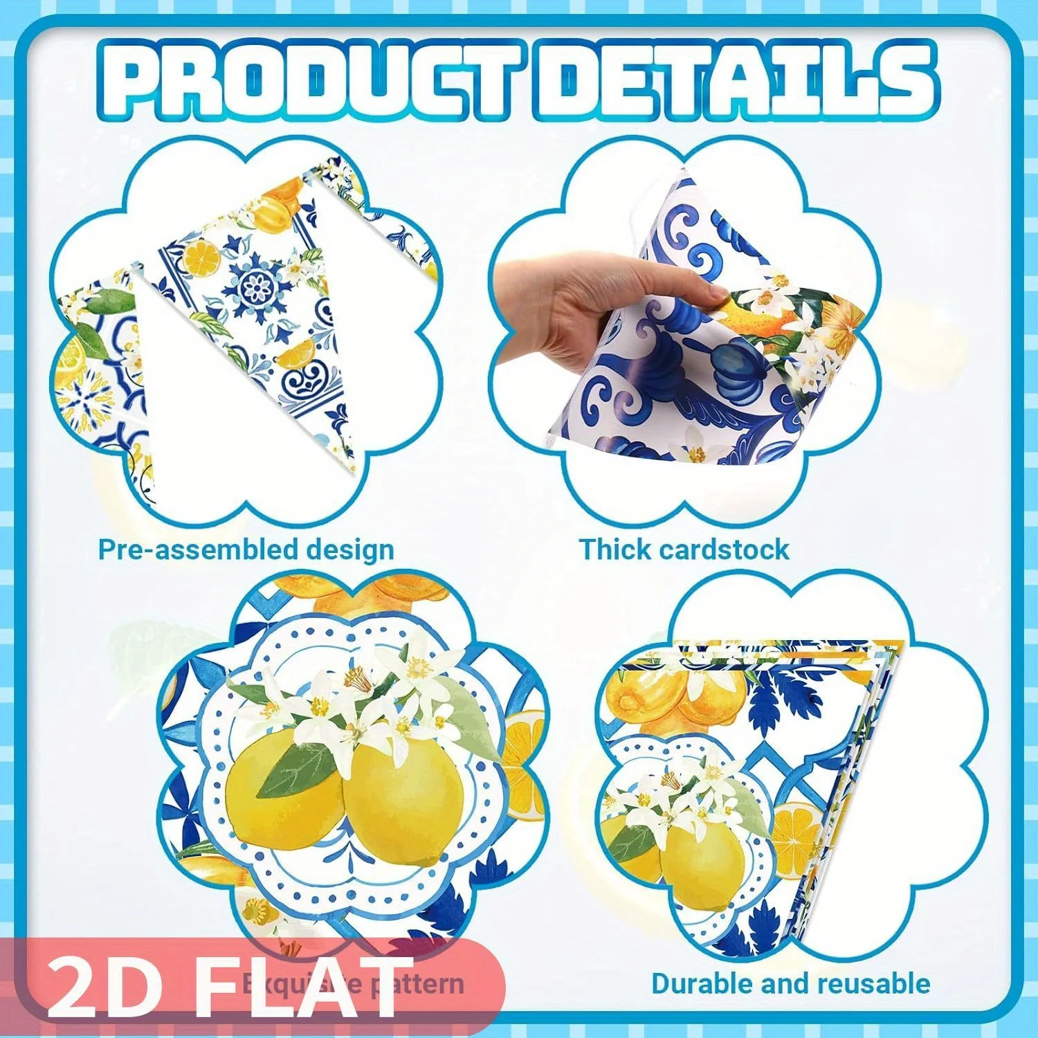 12pcs Blue Tiles Lemon Bunting Banners, Party banner Pennant Flags, Hanging Triangle Flags for Wedding Birthday Party Decor