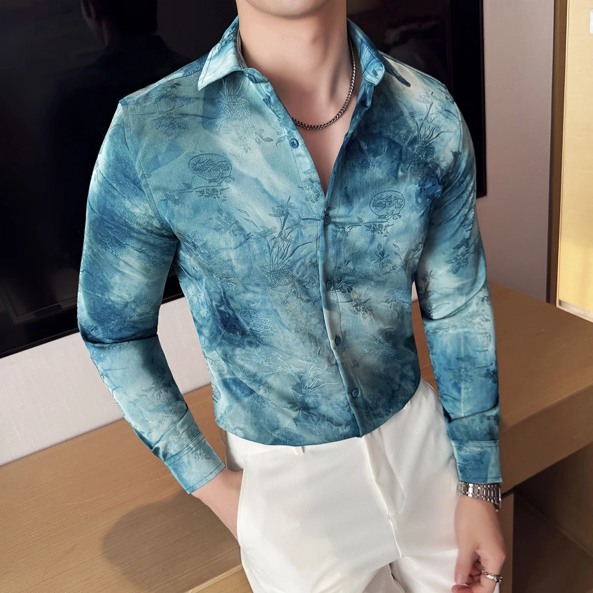 Fashion Tie-Dye Dark Print Shirts 2025 New Men's Long Sleeve Slim Fit Korean Luxury Casual Social Shirt Tuxedo Men Clothing