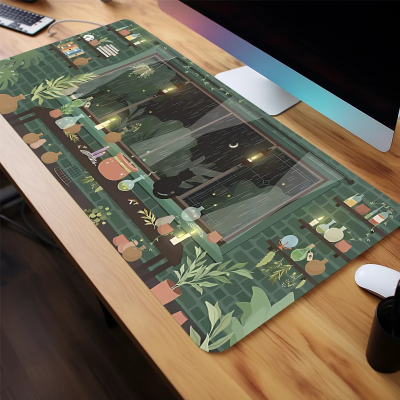 أنيمي نمط ليلة ممطرة المشهد الداخلي لوحة الماوس لوحة المفاتيح الكمبيوتر المطاط الطبيعي المضادة للانزلاق مكتب مكتب الوسادة هدية لصديق