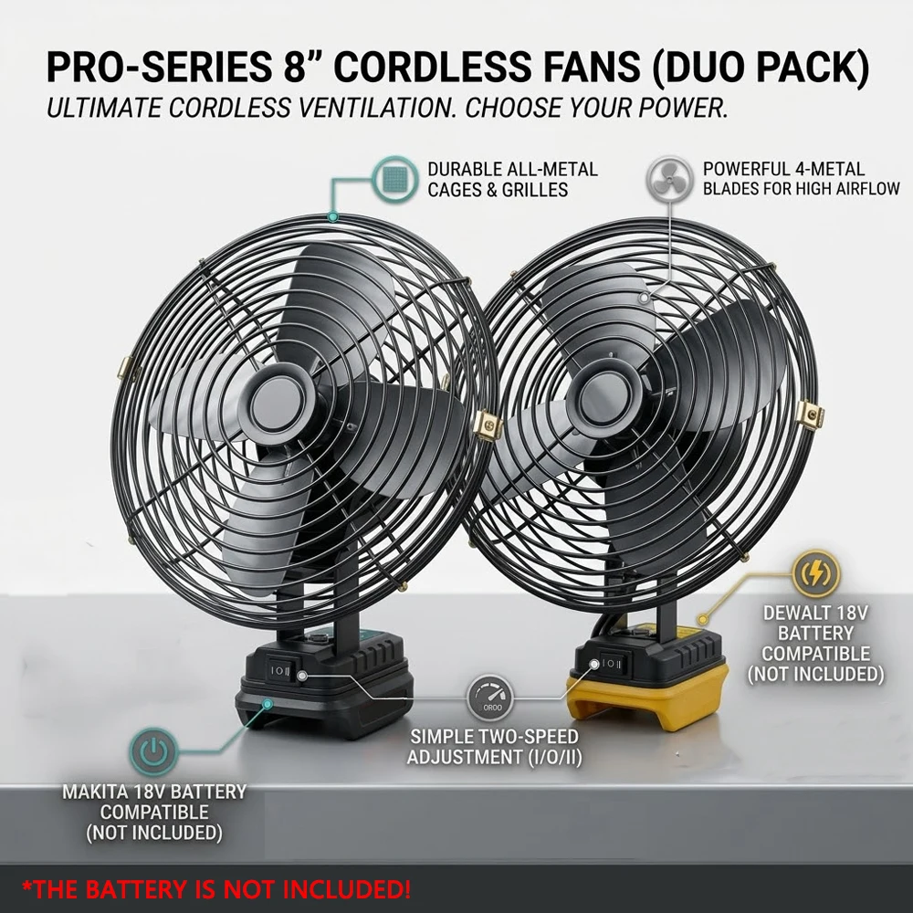 

Camping Fan 8In Outdoor Fishing Wireless Desktop Portable Metal Fan Strong Wind Fan For Makita/Dewalt 18V Battery Pin