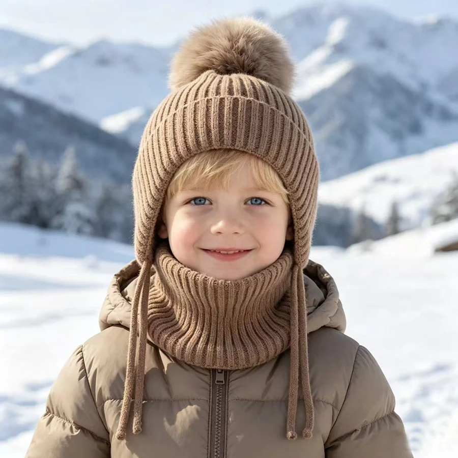 Winter-Wollmütze mit Nackenschutz 2-teiliges Set Echte Fuchsfell-Mütze für Kinder Jungen Mädchen Dicke Fleece Warme Gestrickte Gestreifte Ohrenklappe Baby Skullies Mütze – Detail 9
