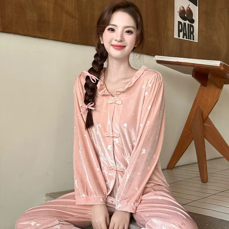 French Pajamas Ladies Autumn Winter Cute Sweet Velvet Sleepwear Loungewear Court Princess Style Nightgowns Sleepshirts