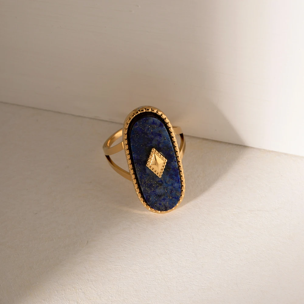 Uworld Aço Inoxidável Oval Natural Lapis Pedra Empilhamento Anel, Banhado A Ouro 18K, Moda Charme Jóias, Nova Chegada