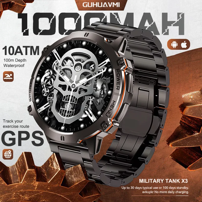 

2025 New Military TANK X3 Professional GPS SmartWatch 10ATM Waterproof 1000mAh Battery Compass Altimeter Sport Fitness bands Men