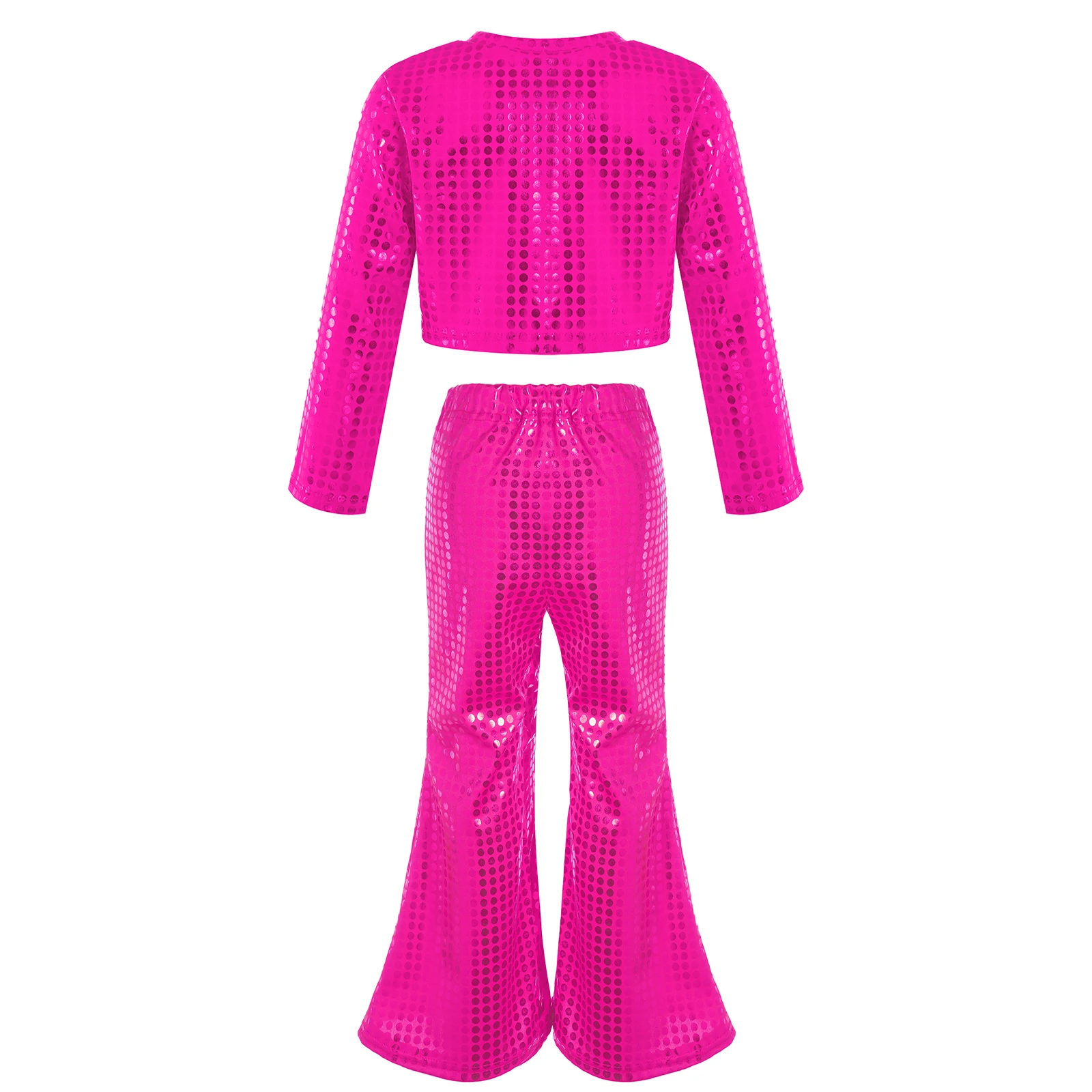 Kids Girls Jazz Hip Hop Dance Clothes Shiny Long Sleeve Crop Top with Bell-bottoms Pants Disco Party Stage Performance Costume