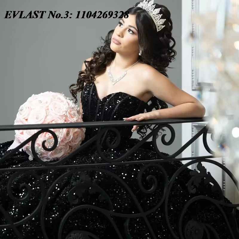 EVLAST ที่กําหนดเองสีดํา Quinceanera ชุดเจ้าหญิงปิดไหล่ Sequined หวาน 15 วันเกิดพรรค Vestido 15 De Años E3Q162