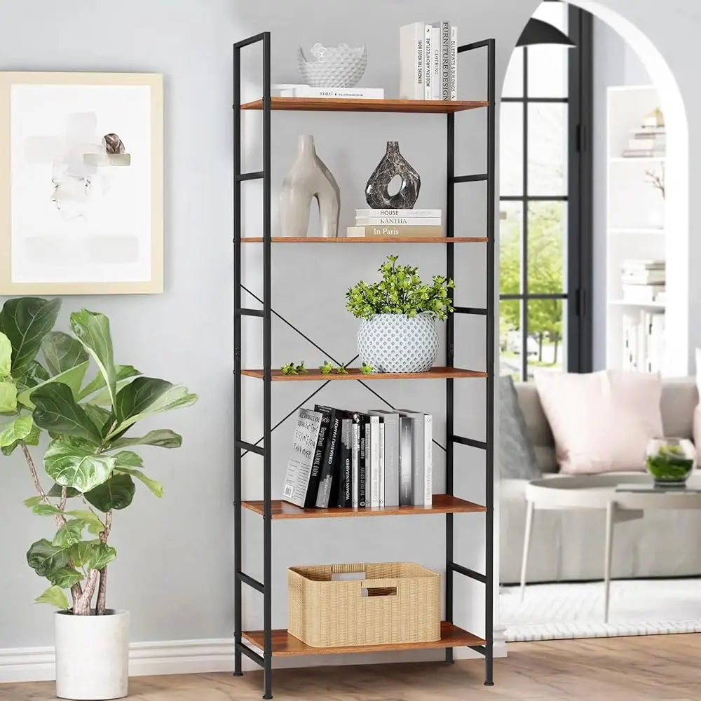 

Book Shelf Organizer With 5 Tier Bookcase,Modern Sturdy Metal Shelf Storage Books/Cds/Magazines Industrial Open Display