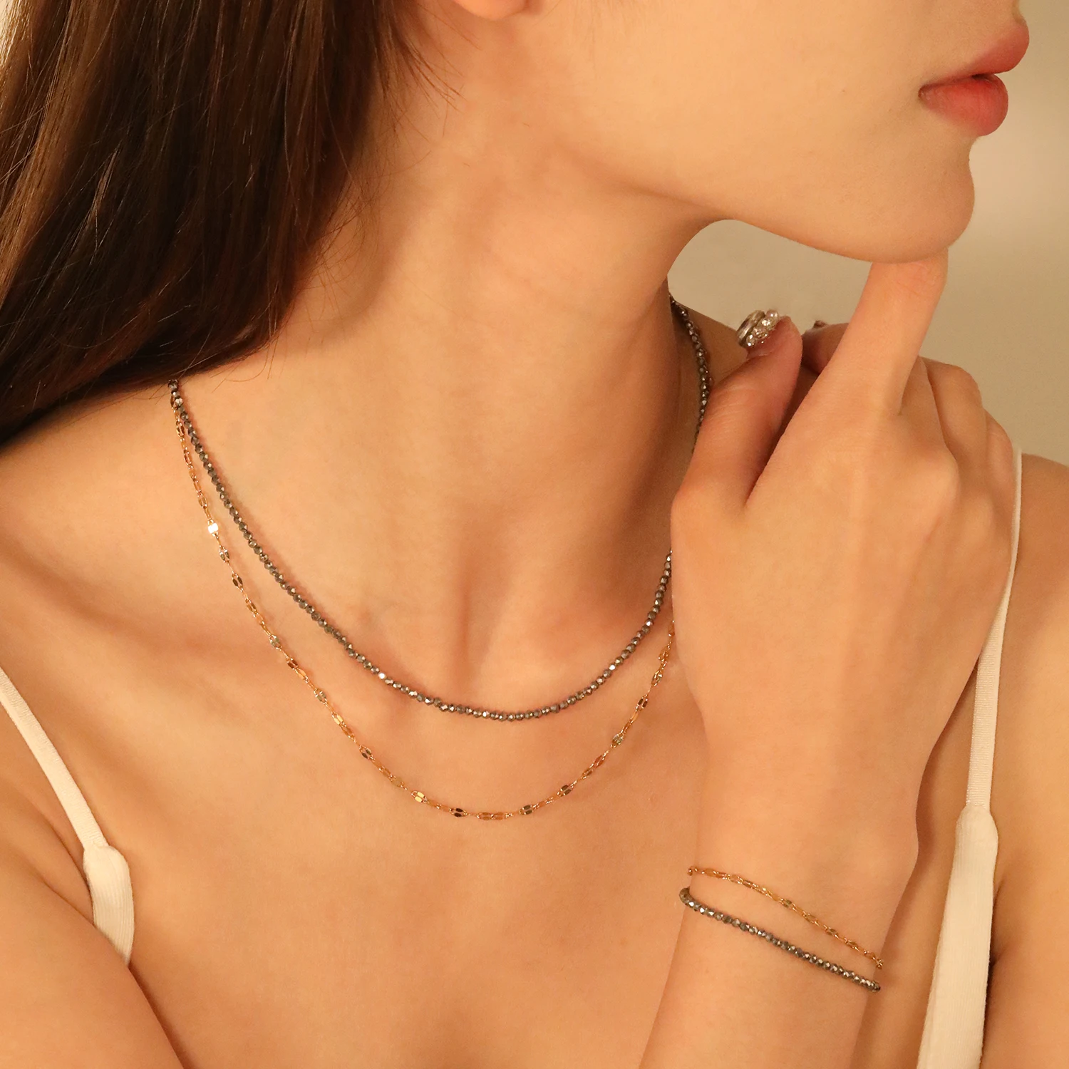 ASONSTEEL Vintage Double Layer Beads Chain Necklace Bracelets Female Fashion Hiphop Retro Unique Design Jewelry 2000s Aesthetic