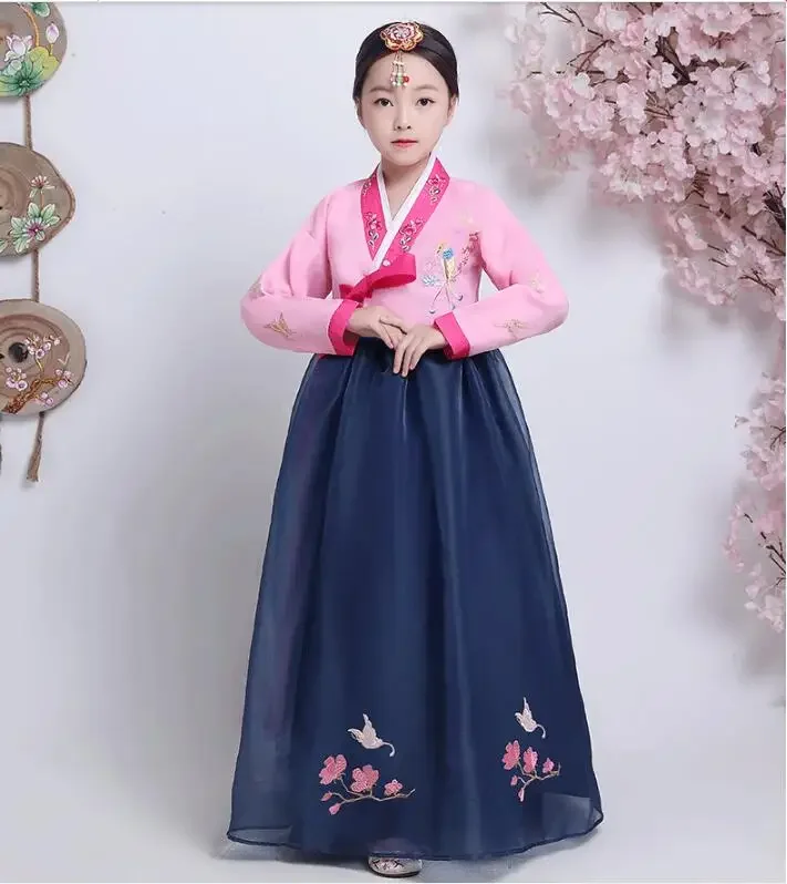 Girls Korean Traditional Clothing Hanbok Embroidery Costume Kids Dance Dress Stage Perform