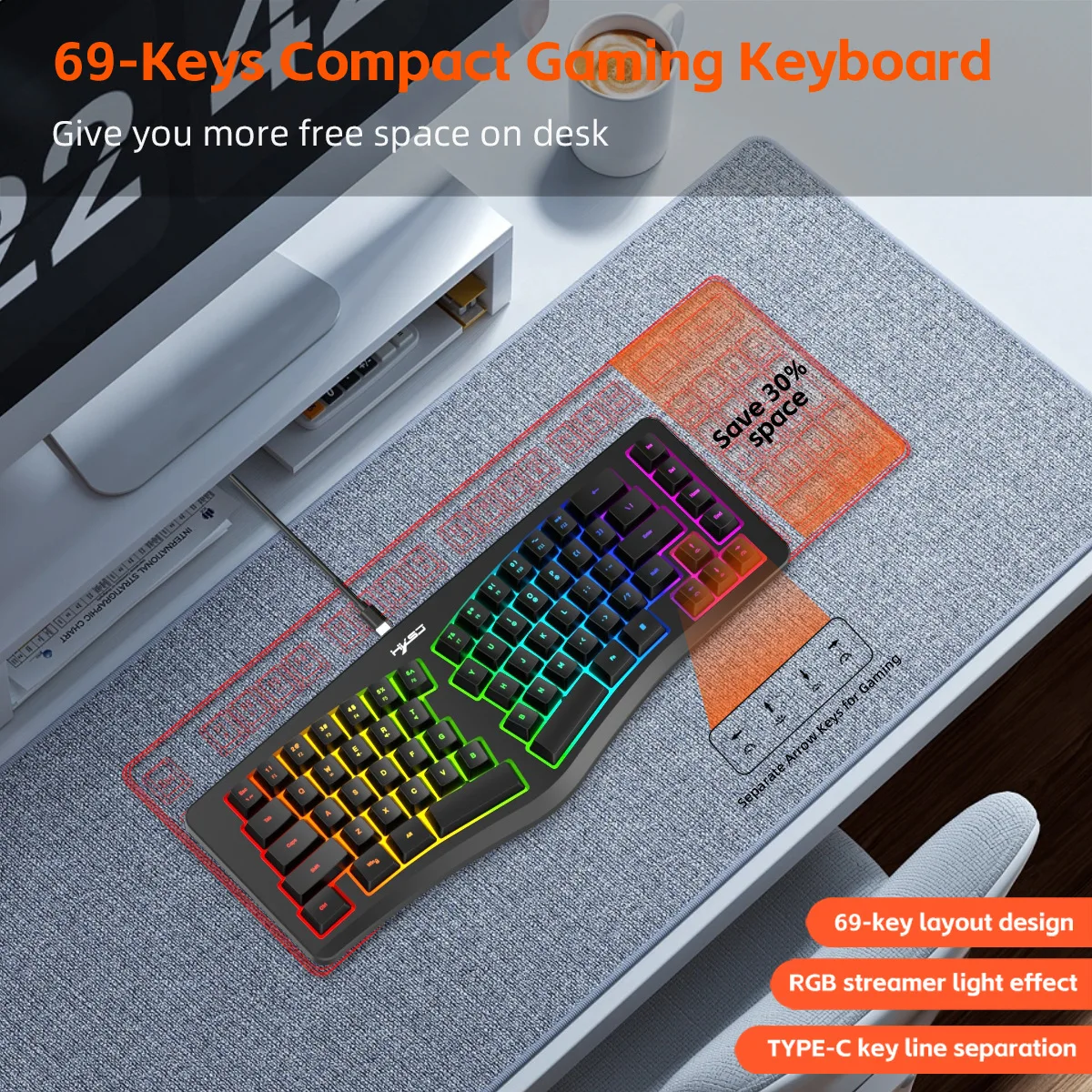 Keys Ergonomic Wired Gaming Keyboard Rgb Backlit Silent Compact Membrane Detachable Usb C Cable Pc Laptop Office