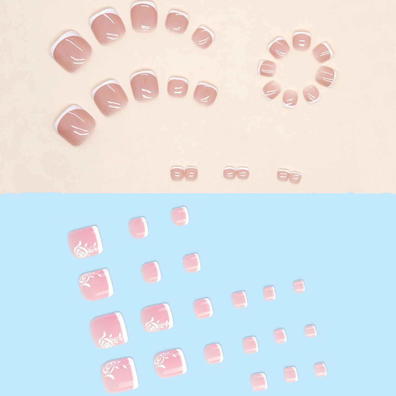 144 pièces/6 ensembles-ongle faux bord français blanc naturel-carré conception différente pressé acrylique faux ongle