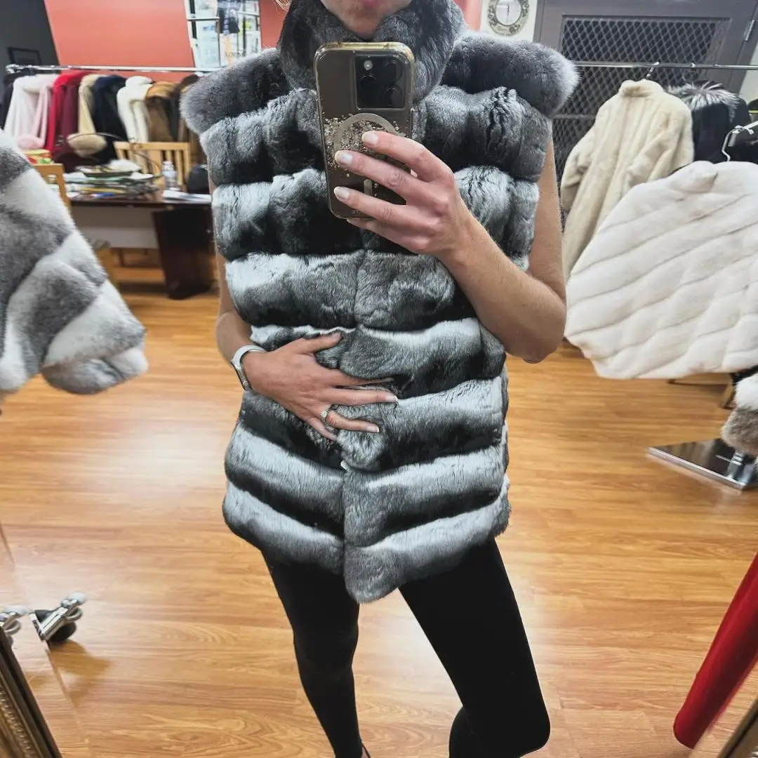 Winter Woman Real Rex Rabbit Fur Stand Collar Vest Coat Fashion Luxury Warm Natural Fur Jacket Outwear