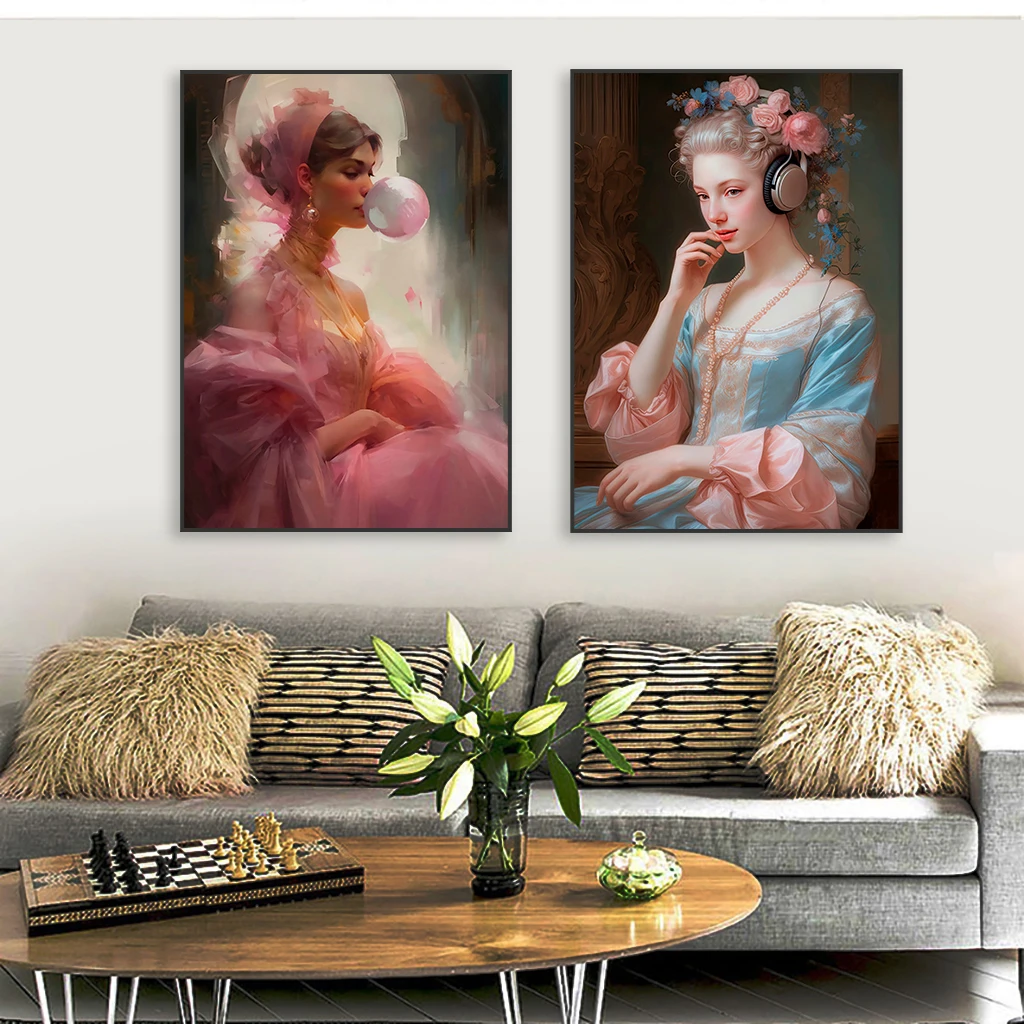 Altered Art Poster Renaissance Vintage Woman Portrait Oil Painting Canvas Print Retro Baroque Bedroom Wall Canvas Painting Decor