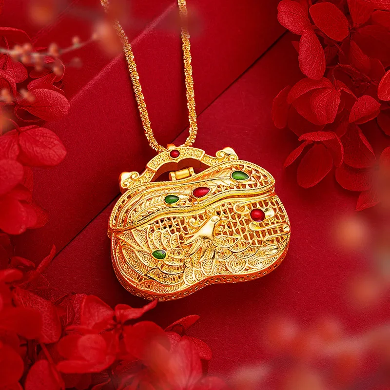 9999 Real Gold 24K Court Quality Ancient Method with Instrument Lock Bag Pendant Can be opened Hollow Phoenix Pendant